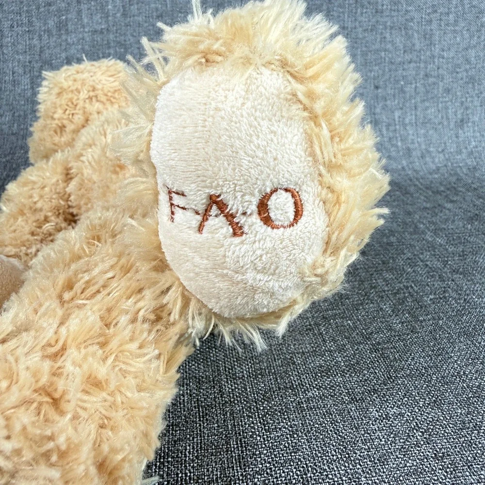 FAO Schwarz Teddy Bear Tan Shaggy Plush Pink Bow Embroidered Paw 15 Inch